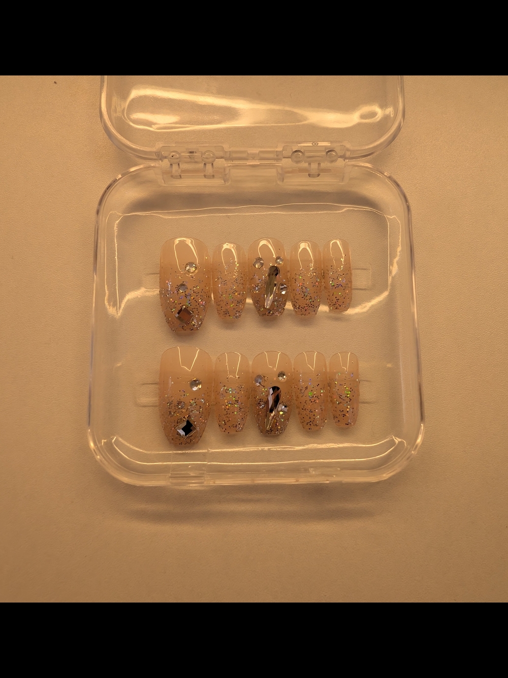 Glitter Nude Press-On Nails with Rhinestones
